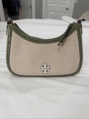 Tory Burch Cream Canvas Mini Shoulder Bag with Olive Trim
